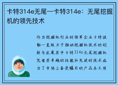 卡特314e无尾—卡特314e：无尾挖掘机的领先技术